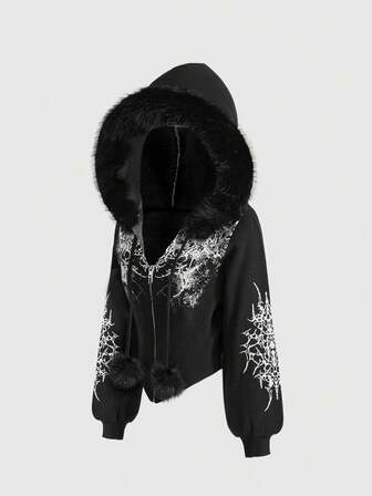 Grunge Punk Cardigan con colletto in pelliccia e stampa a spine in stile retrò Y2K per donna