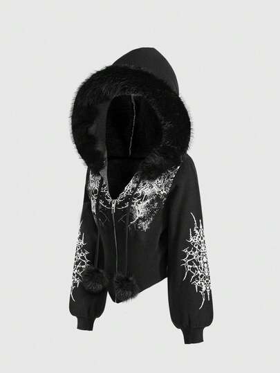 Grunge Punk Cárdigan de mujer con cuello de piel y estampado de espinas en estilo retro subcultura Y2K