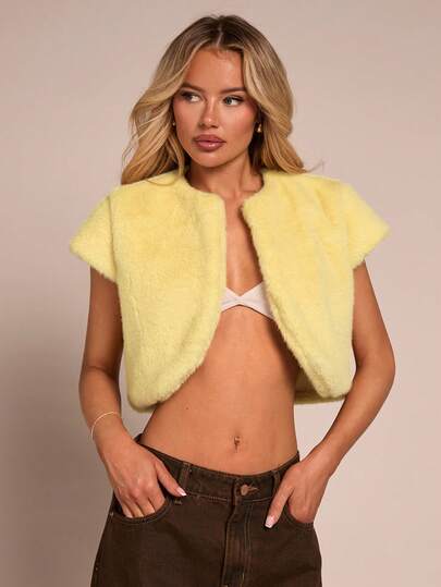 Glamine Women's Fashionable Yellow Faux Fur Jacket