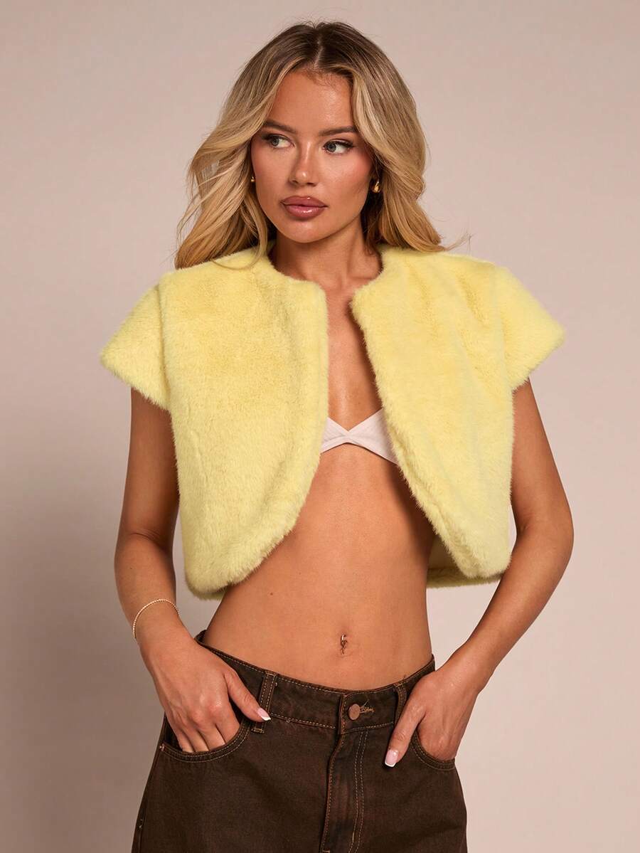 Glamine Women's Fashionable Yellow Faux Fur Jacket - Yellow - View 1