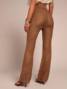 Glamine Damen Hose mit elastischem Bund, Schleife und Pailletten Dekor, modische gestrickte Weite Hose - Braun - Übersicht 2