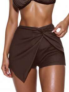 SHEIN Swim Twisted Knot Fashionable Bikini Bottom For Vacation - Coffee Brown - View 4