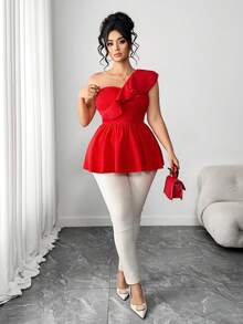 Elenzga 大码女式时尚红色荷叶边衬衫，优雅派对荷叶边吊带上衣，适合返校、毕业典礼、情人节、音乐节、母亲节、万圣节、感恩节、复活节、国庆节、舞会、约会、婚礼、户外活动等场合。 - 紅色 - 查看 7