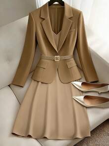 Franclia Women's V-Neck Sleeveless Dress, Solid Color Lapel Long Sleeve Blazer, Suitable For Autumn Office Commute Suit, Everyday Versatile, Ladies Work Uniform - Brown - View 6