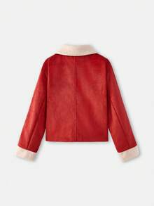 lacRébo Faux Suedette Jacket With Contrast Sherpa Collar And Cuffs Spring Women Spring Red Jacket Premium Jacket New Year Red Button Up - Burgundy - View 8