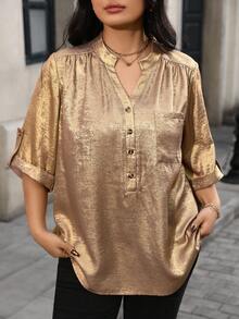 SHEIN 大码女式休闲宽松金色涂层面料派对短袖衬衫，秋季款 - 金色 - 查看 3
