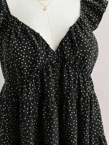 Soleia Váy ngắn hở lưng họa tiết chấm bi đỏ viền xòe cho nữ cỡ lớn, kỳ nghỉ xuân - Đen và trắng - Xem 8