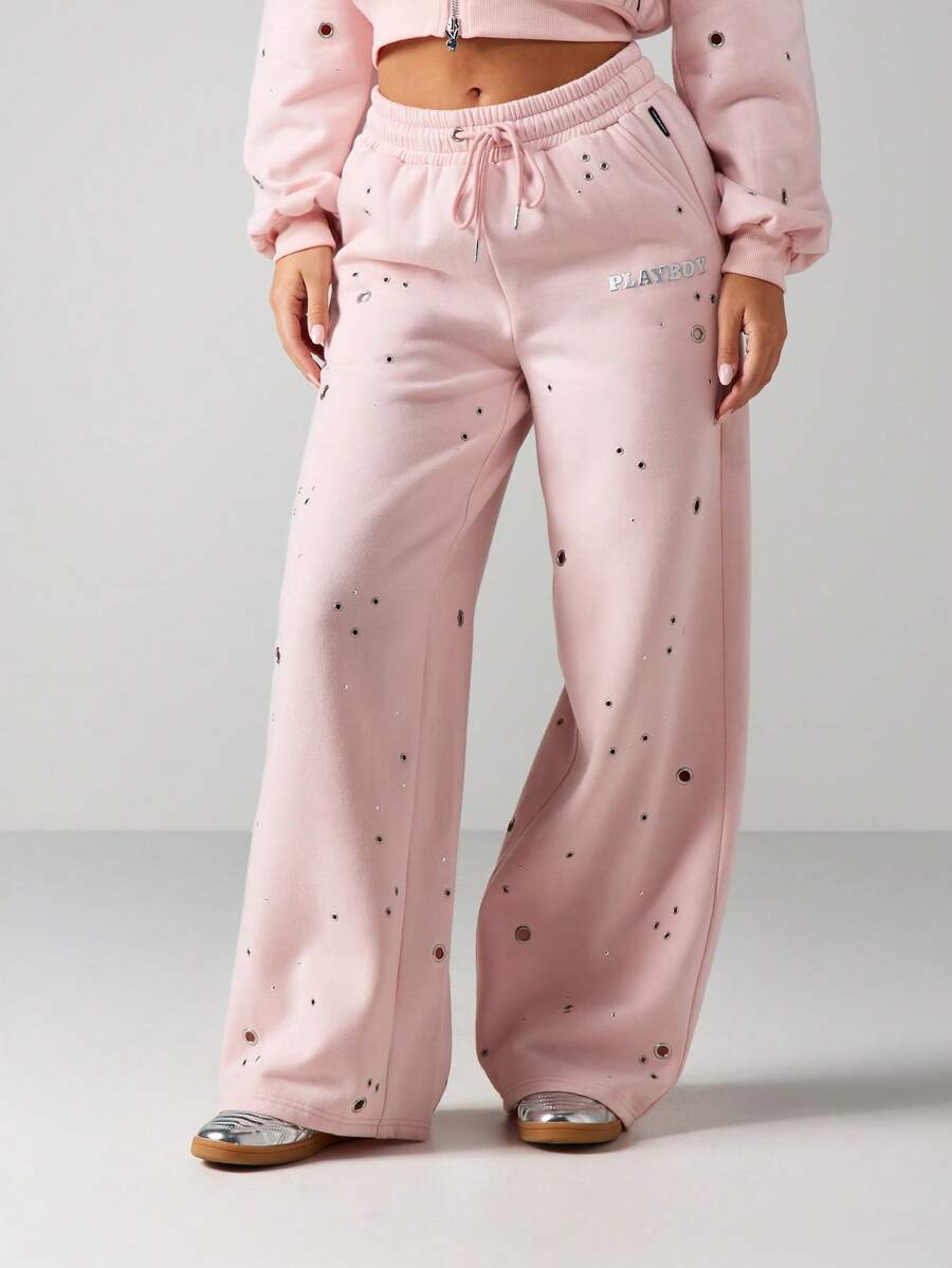 Missguided x Playboy 宽松版型抽绳运动裤，饰有散点图案和文字图案，适合日常休闲穿着。 - 淺粉色 - 查看 1