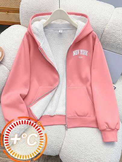 SHEIN Teen Girls Pink Fuzzy Hooded Sweatshirt, Thermal Lined Jacket Autumn Winter Clothes For Girl