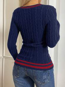 SHEIN EZwear Suéter casual de talla grande de unicolor negro con cuello en V, manga larga, tejido de punto de cable para otoño/invierno - Multicolor - Ver 2