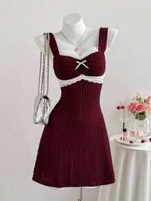Comfortcana Lace Patchwork Wine Red Bow A-Line Mini Dress For Women New Year's Outfit For Women Maroon Dress