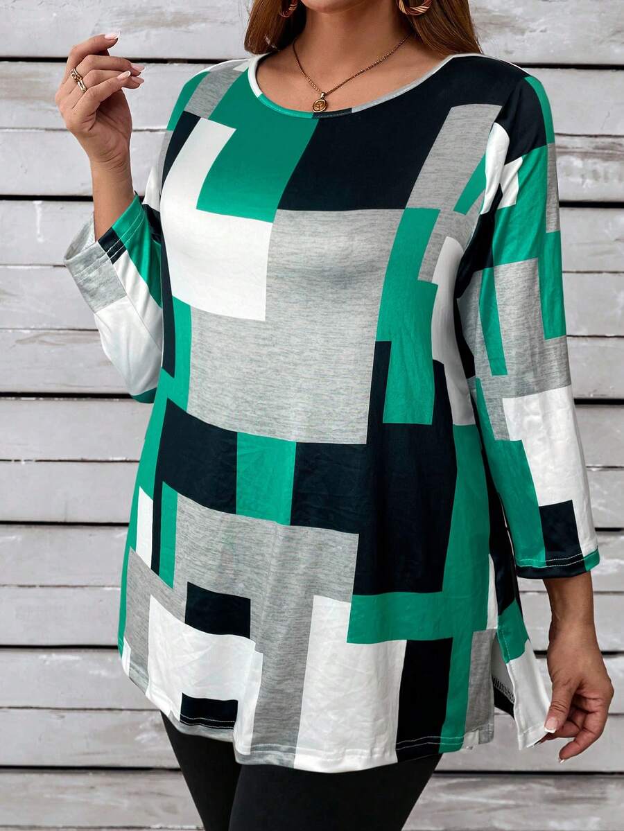 EMERY ROSE Plus Size Color Block Round Neck Long Sleeve Casual T-Shirt - Multicolor - View 1