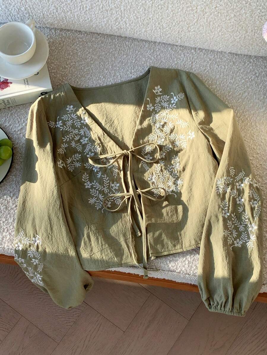 Comfortcana Áo sơ mi dài tay thêu cổ chữ V rộng rãi, giản dị, buộc dây phía trước dành cho nữ