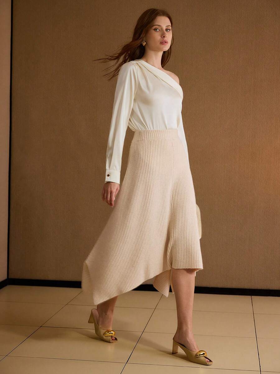 MOTF PREMIUM ASYMMETRICAL HEM SWEATER SKIRT - Apricot - View 1