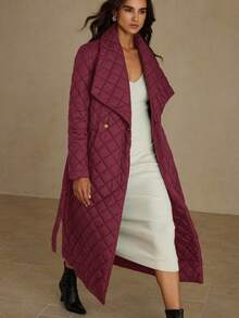EMERY ROSE Fashionable Design Versatile Slimming Lapel High-End Elegant Mid-Length Belted Fitted Padded Coat - Burgundy - View 1