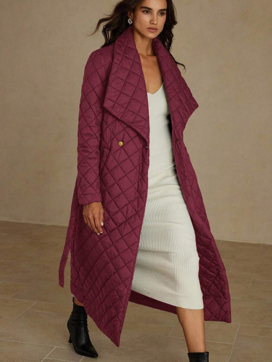 EMERY ROSE Fashionable Design Versatile Slimming Lapel High-End Elegant Mid-Length Belted Fitted Padded Coat - Burgundy - View 1