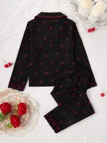 Contrast Trim Cherry Print Lace Trim Girls Pajama Set - Black - View 2