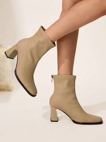 CUCCOO CHICEST Women's Square Toe Zipper Design Casual High Heel Mid-Calf Boots For Christmas - Khaki - View 6