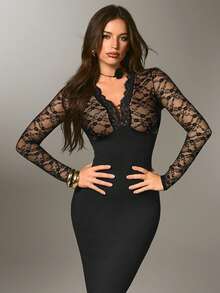 Nuvra 女式长袖双层收腹塑身衣，带衬里，收腰提臀，全长塑身衣 - 黑色 - 查看 8