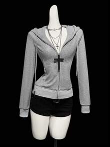 SHEIN ICON Damen Y2K einfarbiger Kapuzen-Reißverschluss-Grafik-Lässig-Vielseitig-Langarm-Sweatshirt, Winter für Frauen Grauer Reißverschluss-Sweatshirt Grau - Grau - Übersicht 3