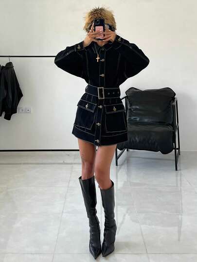 StreetHx Streetwear Contrast Color Belt Shirt Collar Pocket Denim Dress