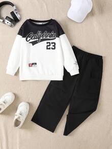 Casuvi Kids 2pcs/Set Toddler Boys' Street Casual Graphic Print Crew Neck Long Sleeve Sweatshirt And Cargo Pants, Suitable For All Seasons - White - View 12