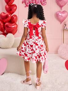 少女可爱Y2K美学粉色爱心印花露背蝴蝶结雪纺荷叶袖连衣裙，适合情人节、母女装、姐妹装、度假、节日穿着，女孩红色套装 - 紅色 - 查看 6