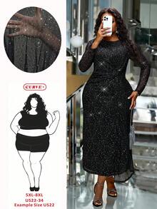 SHEIN CURVE+ Đầm lưới bóng cổ tròn tay dài, xếp nếp thắt eo cỡ lớn cho nữ, đầm đen thanh lịch, thích hợp cho tiệc Giáng sinh, trang phục dự tiệc cưới - màu đen - Xem 1