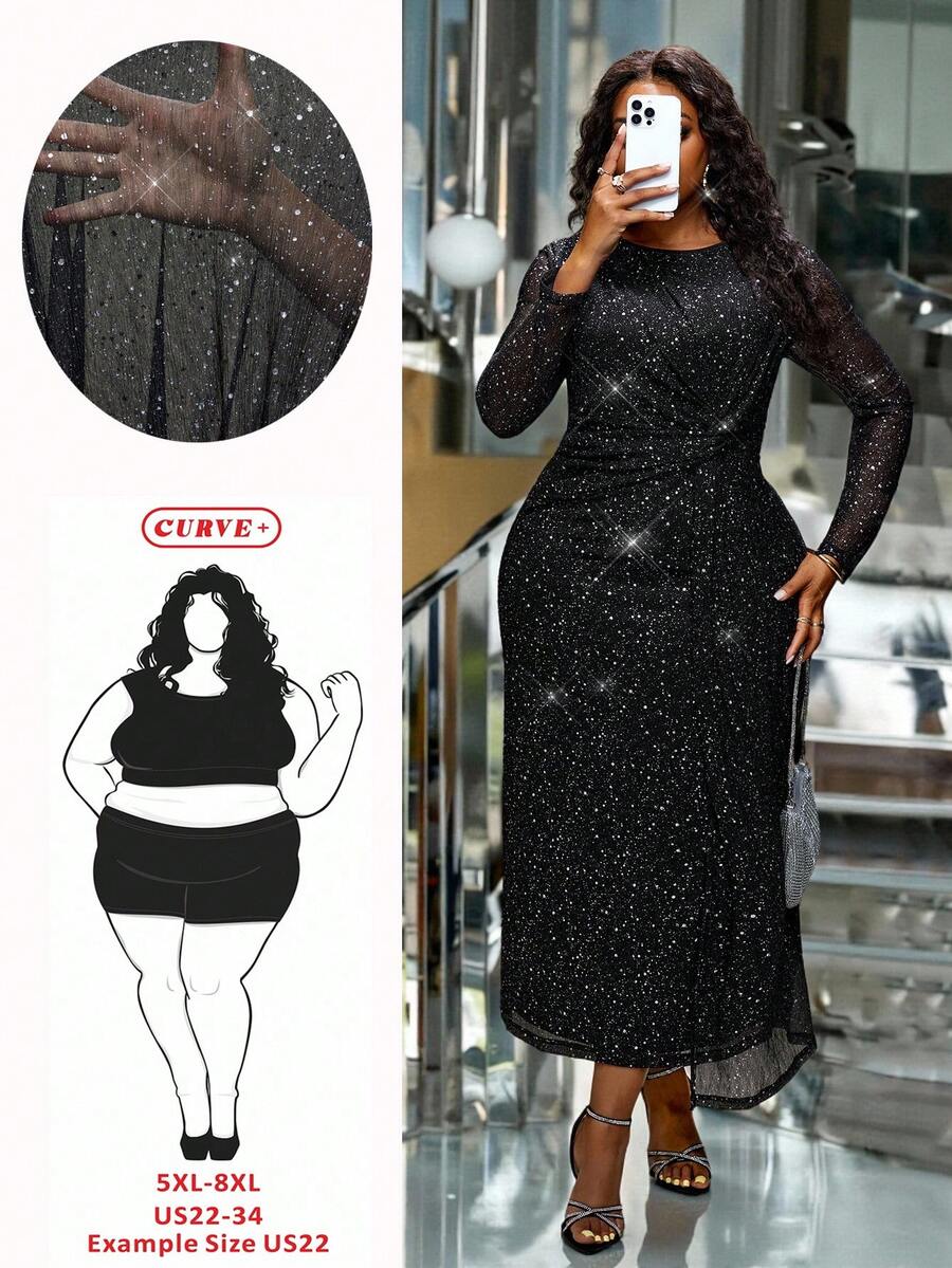 SHEIN CURVE+ Đầm lưới bóng cổ tròn tay dài, xếp nếp thắt eo cỡ lớn cho nữ, đầm đen thanh lịch, thích hợp cho tiệc Giáng sinh, trang phục dự tiệc cưới - màu đen - Xem 1