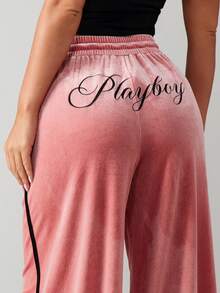 Missguided x Playboy Velvet Drawstring Wide Leg Palazzo Sweatpants With Logo High Rise Loungewear Pajama Bottoms - Pink - View 5