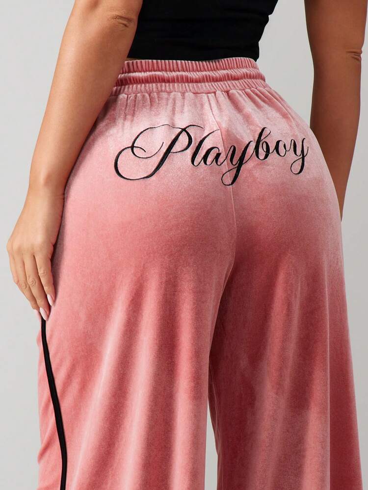 Missguided x Playboy Velvet Drawstring Wide Leg Palazzo Sweatpants With Logo High Rise Loungewear Pajama Bottoms