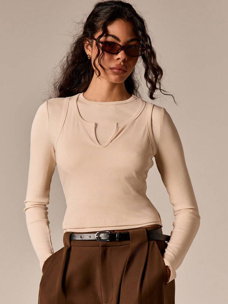 Layered Ribbed Top With Notched Neckline