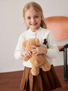 PrepCrw Chaqueta de punto con parche bordado de oso estilo universitario para niñas jóvenes - Blanco - Ver 7