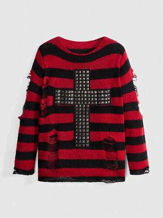 Grunge Punk pull rayé rouge et noir délavé de sous-culture