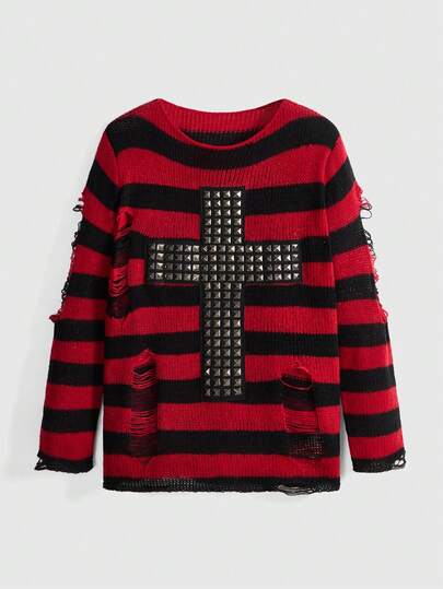 Grunge Punk Subculture Cross Red & Black Striped Distressed Pullover Sweater