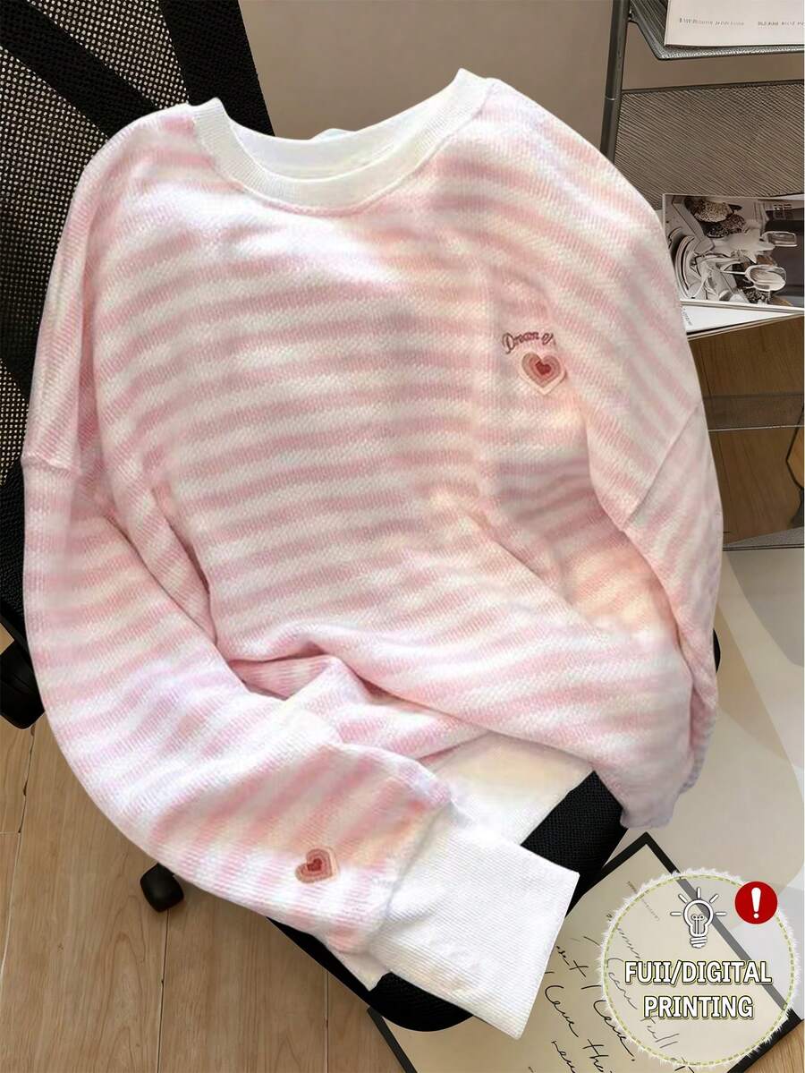 SHEIN 休闲条纹心形装饰运动衫，秋季 - 彩色 - 查看 1