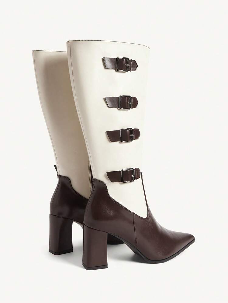 CUCCOO CHICEST Women's Contrast Color Pointed Toe Buckle Design Fashion High Heel Boots For Christmas