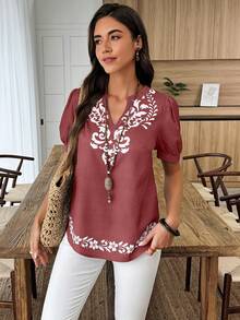 SHEIN LUNE Áo cánh tay ngắn rộng rãi, cổ chữ V in hoa dành cho nữ - Nhiều màu - Xem 3