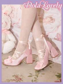 Dola Lovely 女士时尚粉色缎面优雅蝴蝶结洛丽塔玛丽珍厚底高跟鞋 - 粉色 - 查看 7