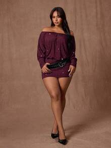 Rustia 大码女式复古浪漫性感派对魅力亮片露肩泡泡袖连衣裙，返校季必备，斜领，不对称领口，长袖，两穿式，修身紧身鸡尾酒裙，情人节派对礼服 - 酒紅色 - 查看 6