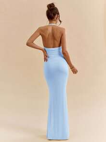 SHEIN BAE 黄色奶油色性感深V领优雅吊带长裙，适合春夏穿着 - 淺藍色 - 查看 2