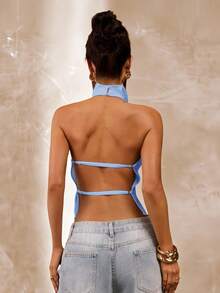 SHEIN BAE 杏色露背垂褶领女士吊带背心，性感优雅的春夏款吊带衫 - 淺藍色 - 查看 2