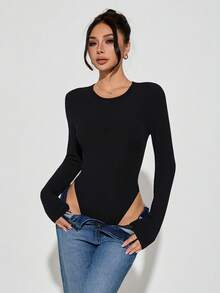 SHEIN PETITE 2pcs Solid Slim Fit Spring Women Bodysuit Black Body Suit Long Sleeve Bodysuit Bodysuit Romper Black Bodysuit Women Sexy Body Suit - Black - View 4