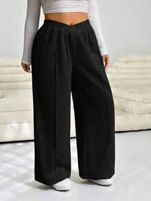 SHEIN EZwear Große Größen V-Taille Weit Geschnittene Lässig Zuhause Jogginghose, Herbst/Winter, Schwarz - Schwarz - Übersicht 10