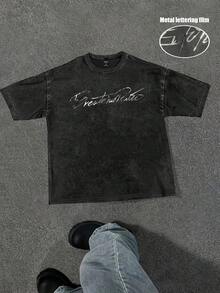Manfinity ZONE917 Lässiges Straßen-Metall-Gravur-reflektierendes rebellisches Geist-Slogan-englischer Muster schwarzes T-Shirt - Schwarz - Übersicht 6