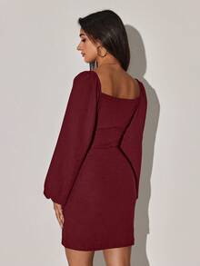 Casual Solid Color Slim Fit V-Neck Long Sleeve Women Dresses - Burgundy - View 2