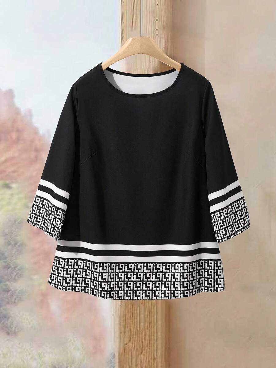 Rusticease 女士休闲几何印花超大圆领 3/4 袖衬衫，秋冬 - 黑色和金色 - 查看 1