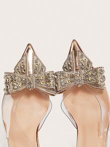 Enchnt Giày cao gót mũi nhọn bằng nhựa PVC trong suốt cho nữ thu/đông 2025 có trang trí nơ đính đá và quai đeo cho dạ hội, đám cưới, tiệc tùng, giày màu sâm panh mùa xuân và mùa hè cho ngày lễ tình nhân, giày cao gót hình mèo con - Rượu sâm banh - Xem 3