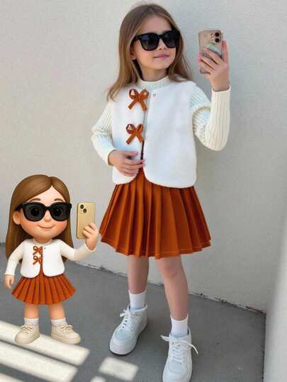 Elladie kids 女童杏色蝴蝶结针织高领长袖上衣，咖啡色百褶裙，配套贝雷帽，优雅女士风格四件套