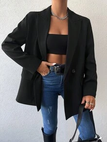 SHEIN Tall Blazer elegante da donna taglia grande, con collo a bavero e doppio bottone, in colore unito - nero - Visualizzare 4